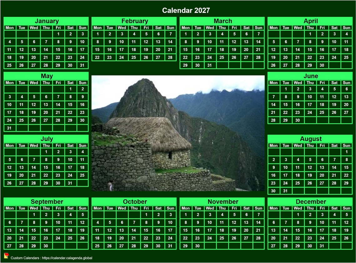 Calendar 2027 photo annual to print landscape, green background, format