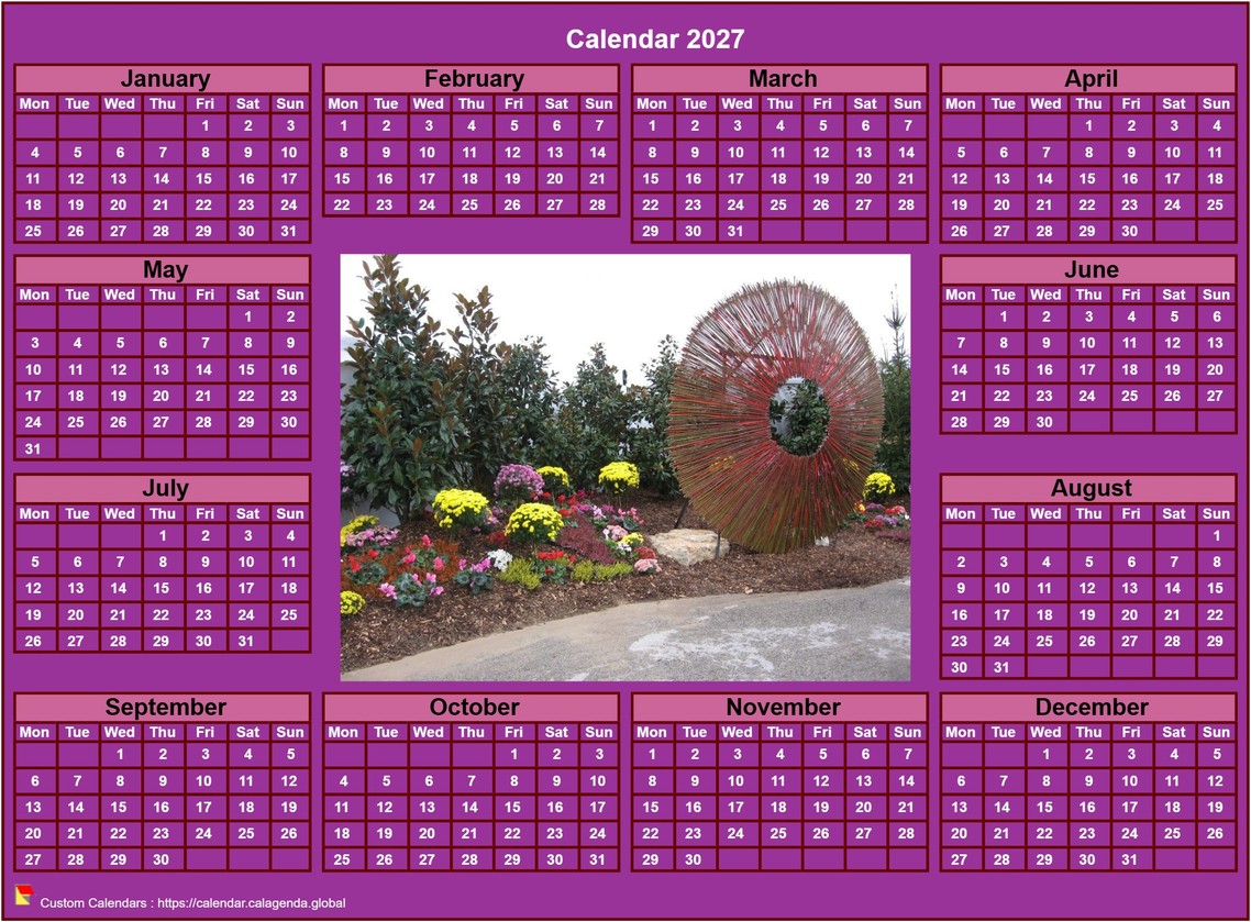 Calendar 2027 photo annual to print, pink background, format landscape, desk or wall