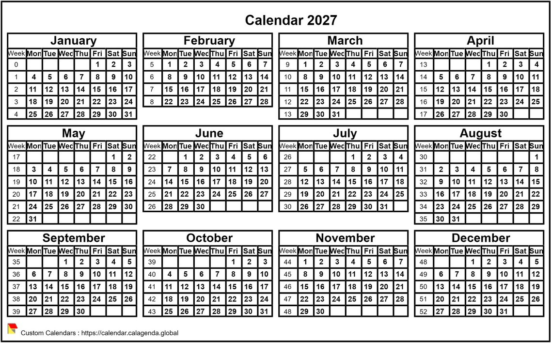 Calendar 2027 format landscape