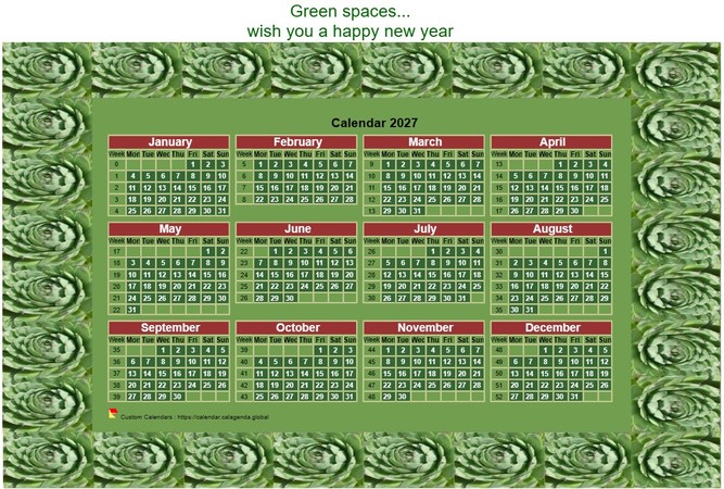 Calendar 2027 decorative annual to print, with frame photo green