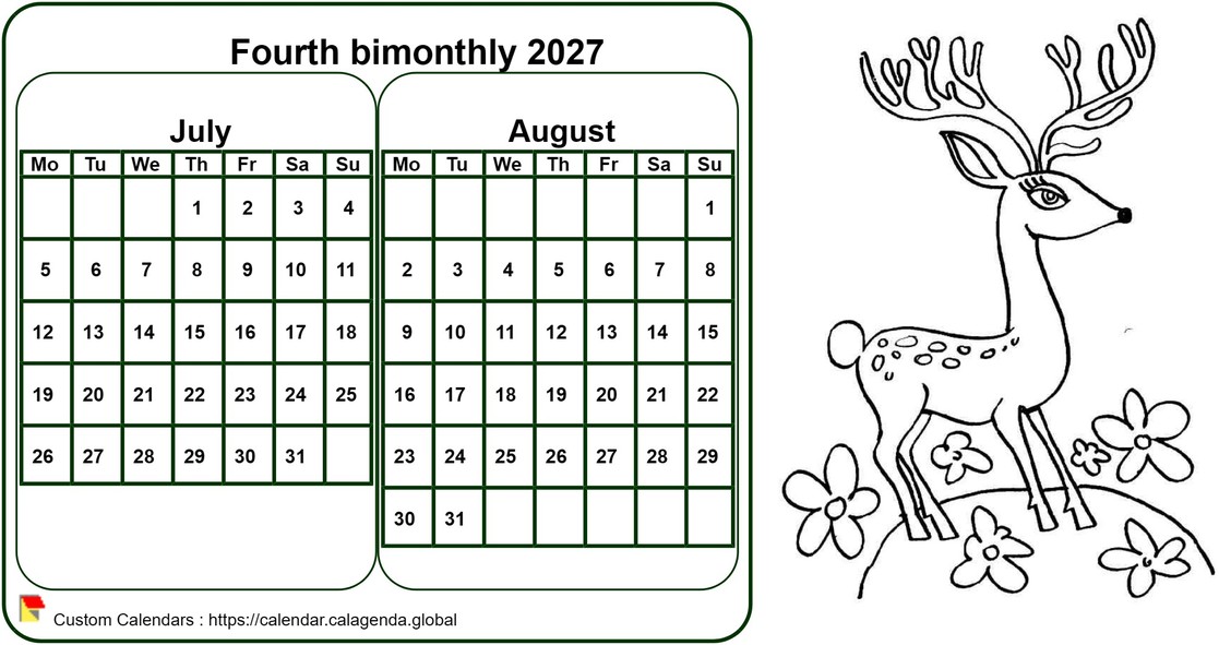 Calendar 2027 to color bimonthly, format landscape, for children