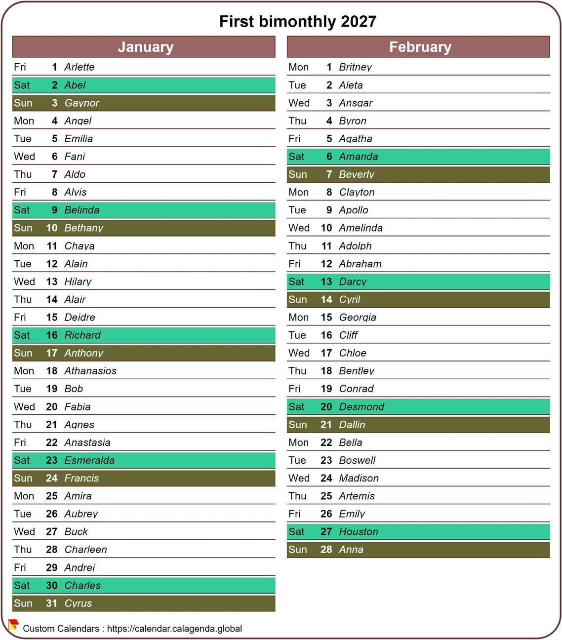 Calendar 2027 bimonthly with detailed agenda, format portrait, a column a month