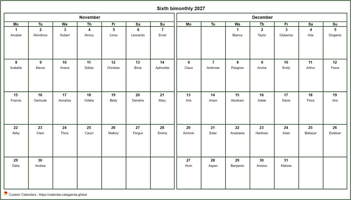 Calendar 2027 bimonthly, format landscape, with names