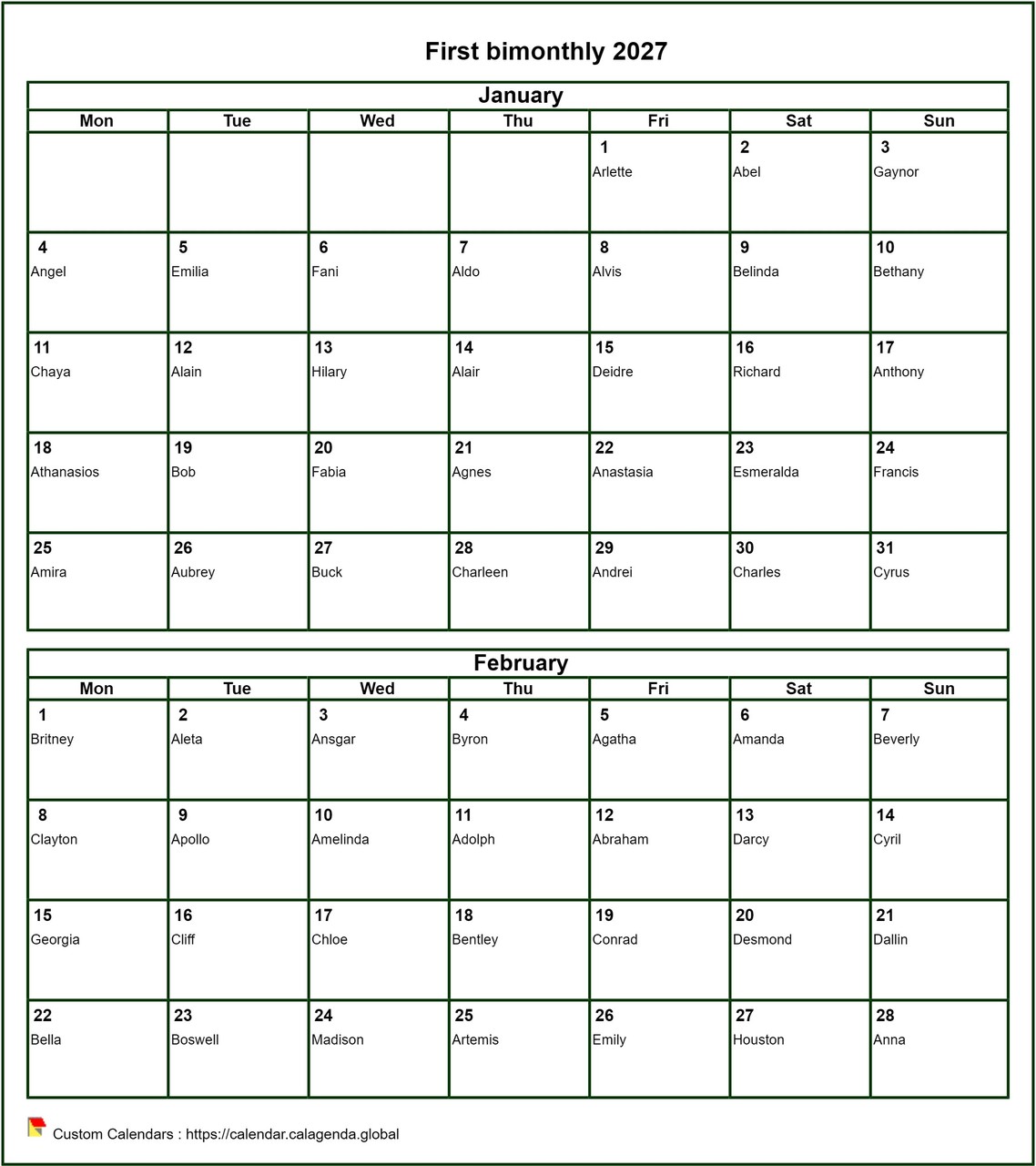 Calendar 2027 bimonthly, format portrait, with names