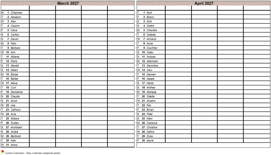 Calendar 2027 virgin bimonthly planning, format portrait, 4 columns