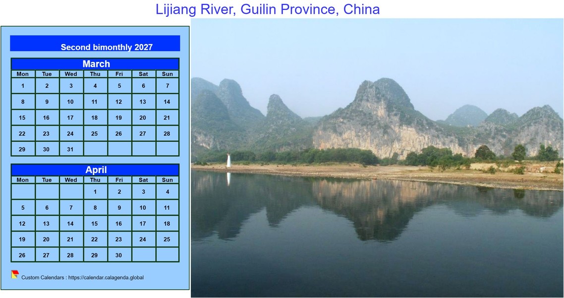 Calendar 2027 decorative to print, bimonthly, format landscape, with photo on the right