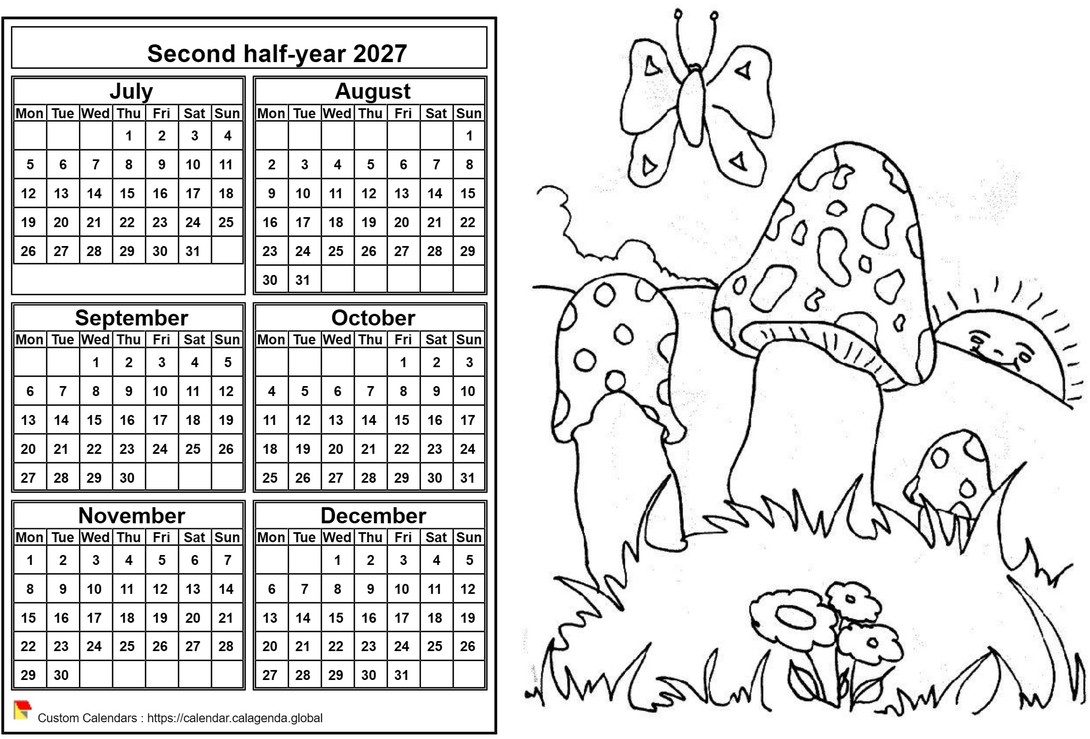 Calendar 2027 to color half-year, format landscape, for children