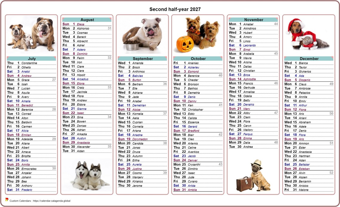 Calendar 2027 half-year dogs