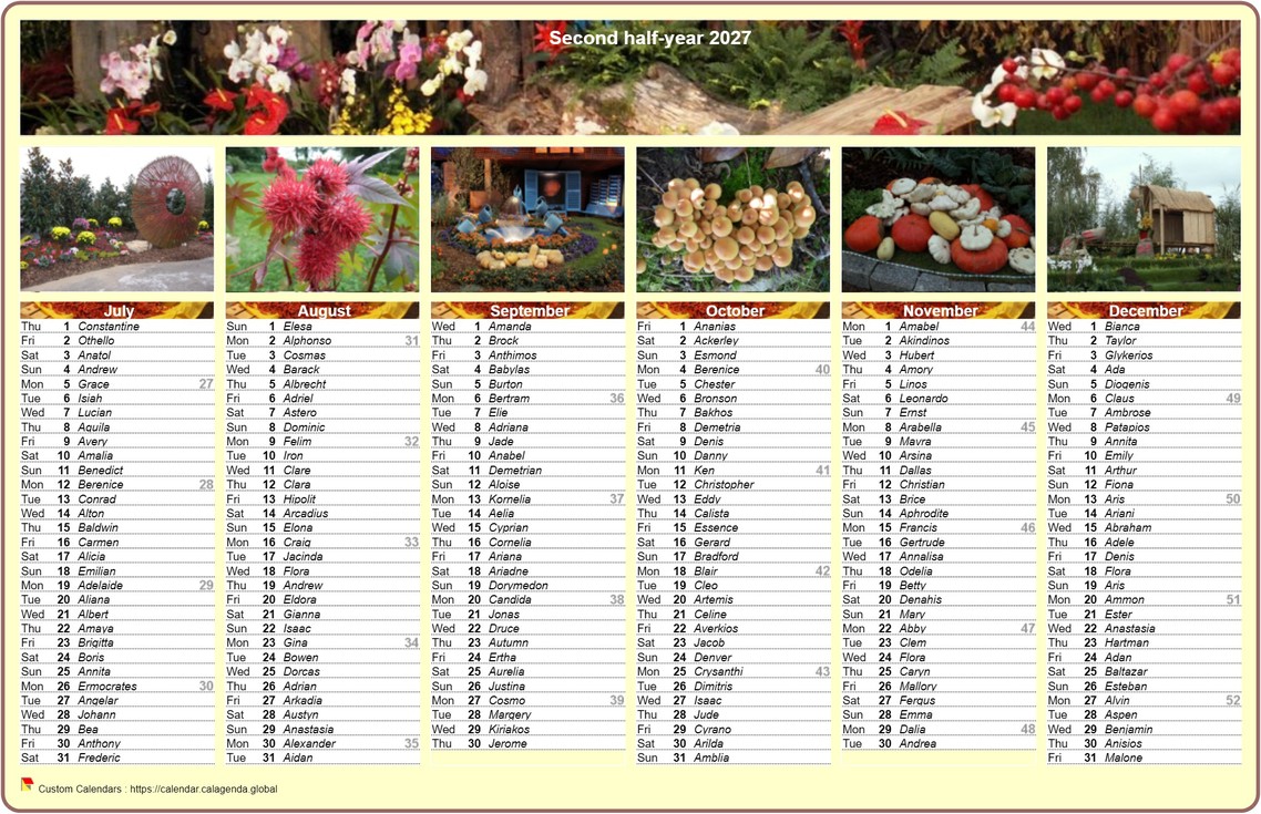 Calendar 2027 half-year in columns with a different photo every month