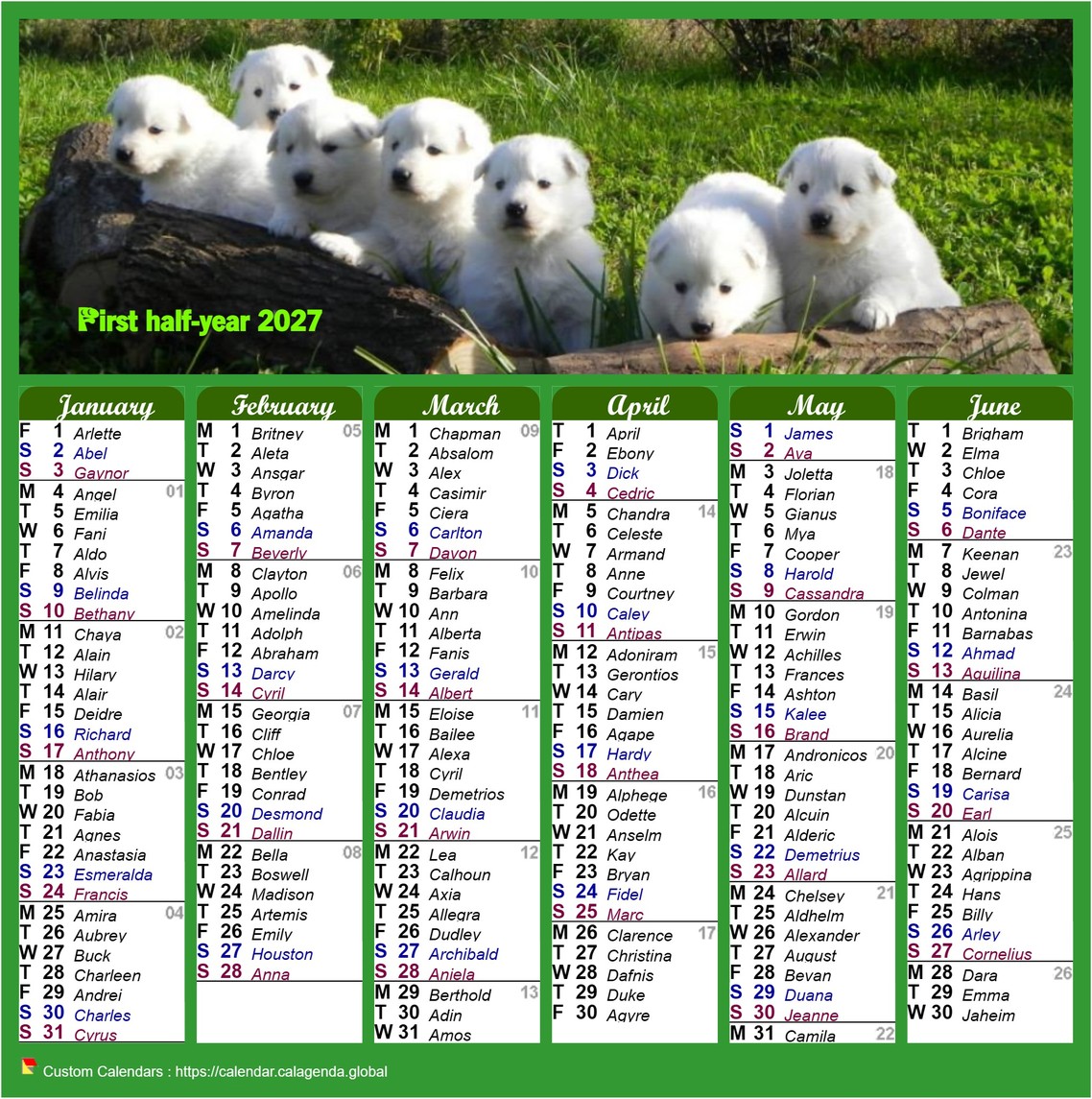 Calendar 2027 half-year style calendar of posts