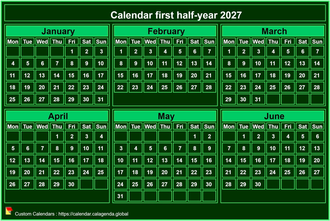 Calendar 2027 to print, half-year, tiny pocket format, green background
