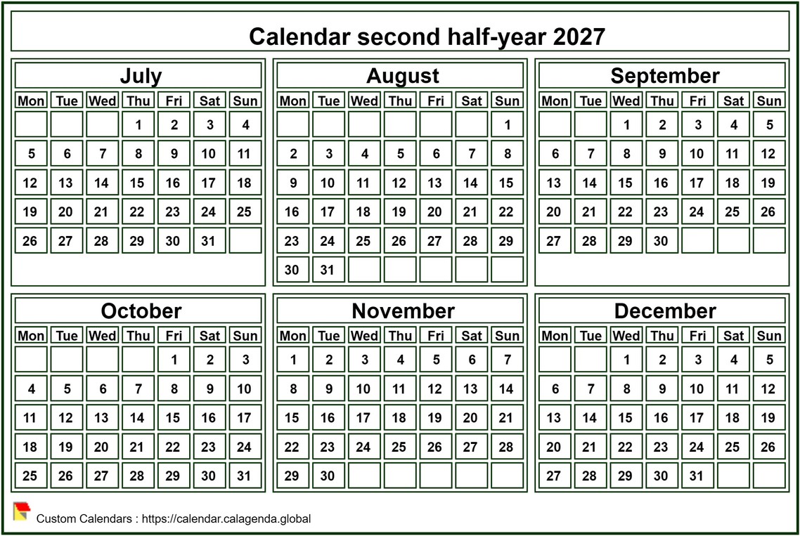 Calendar 2027 to print, half-year, tiny pocket format, white background