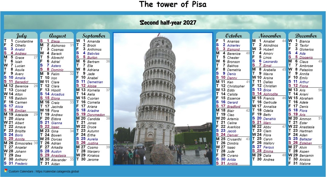 Calendar 2027 half-year in columns with photo in the middle
