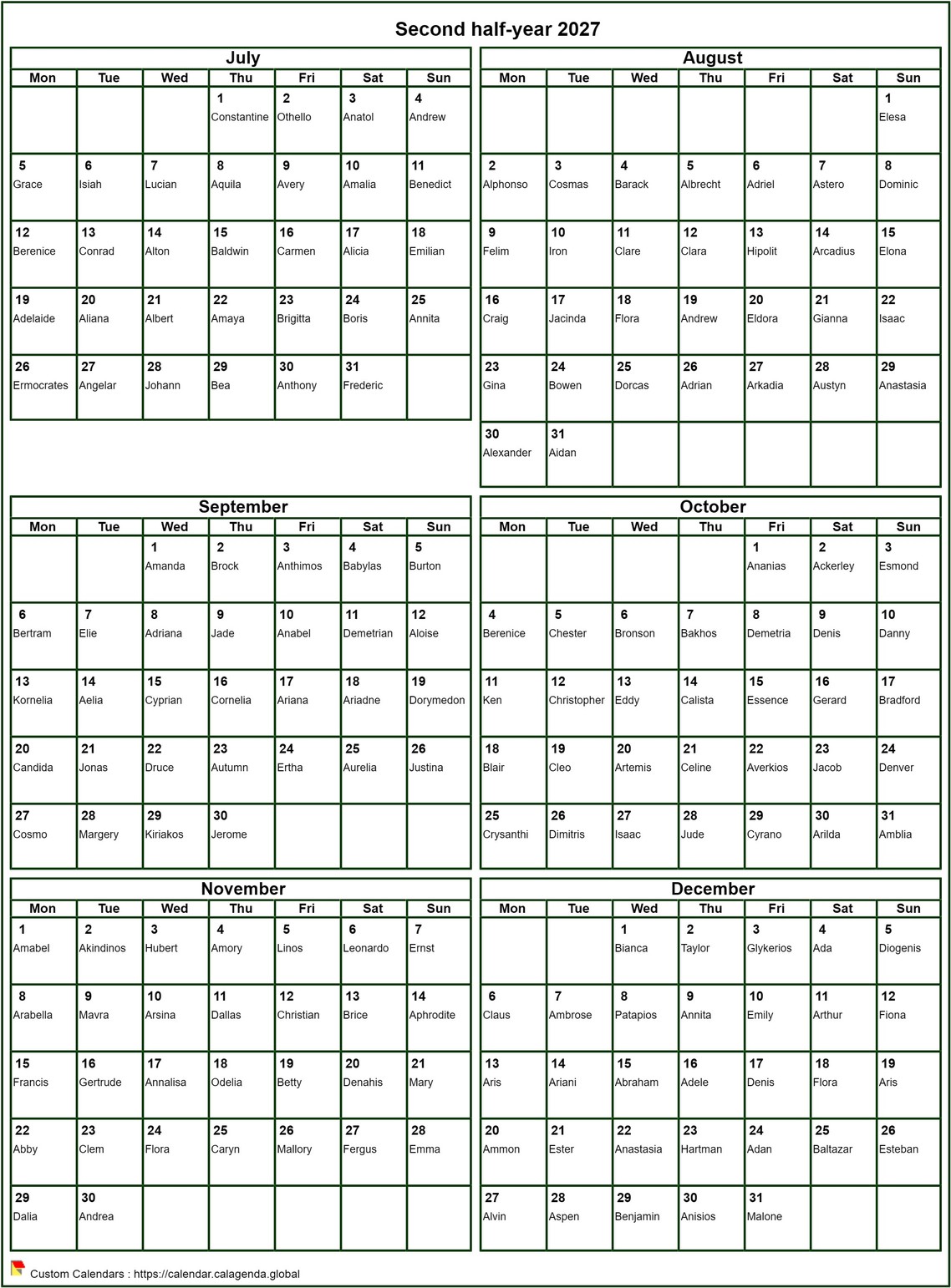 Calendar 2027 to print half-year, format portrait