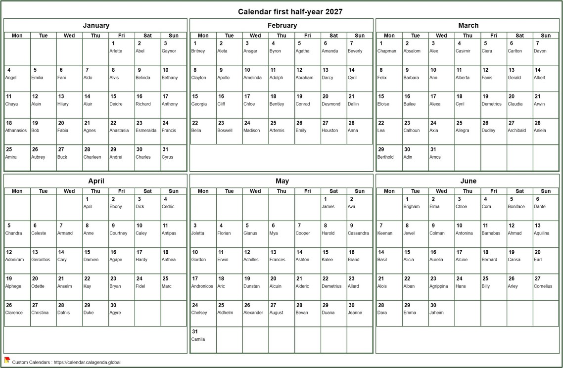 Calendar 2027 to print half-year, format landscape