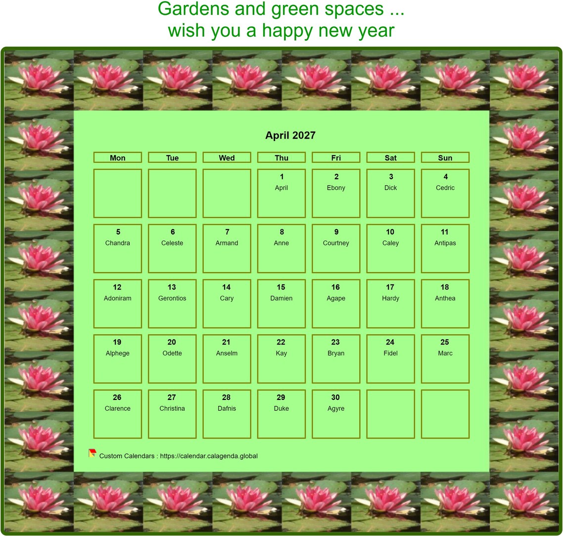 Calendar 2027 decorative agenda monthly, frame with motives waterlilies