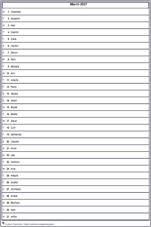 Calendar monthly 2027, detailed agenda, format portrait