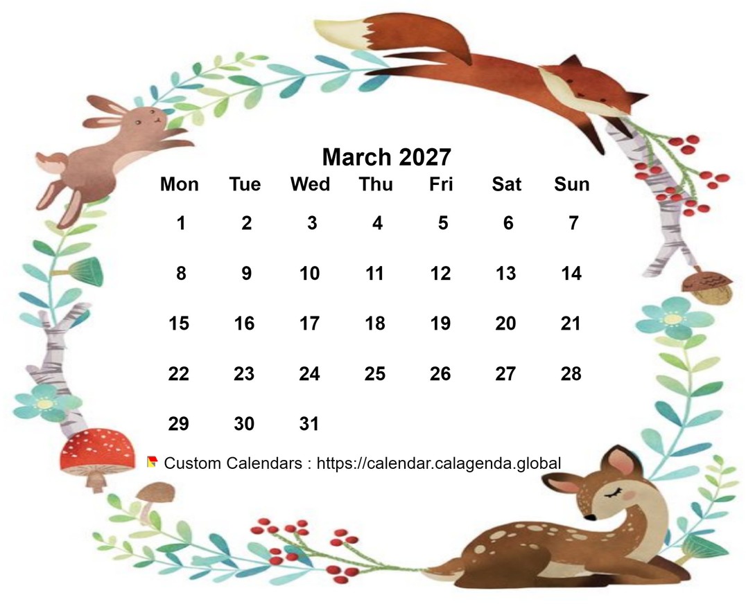 Calendar monthly 2027 flora and fauna style
