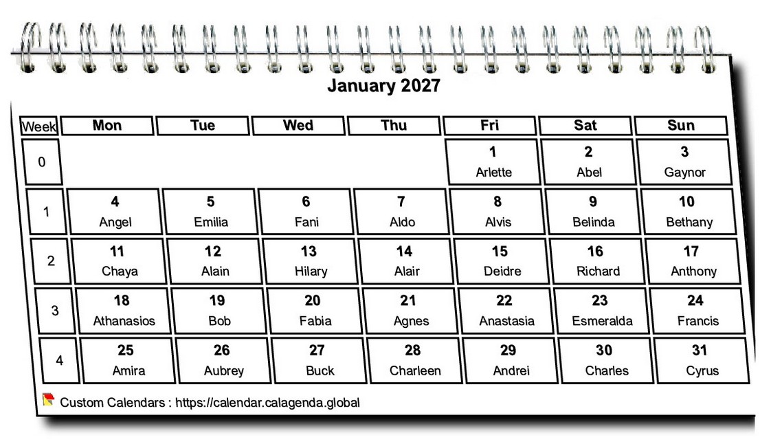 Calendar monthly 2027 in spirals
