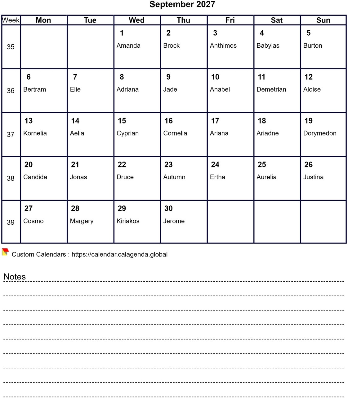 Calendar monthly 2027 with notes and week numbers