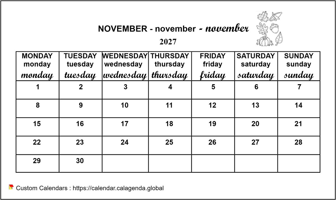 Calendar monthly 2027 maternal and primary school