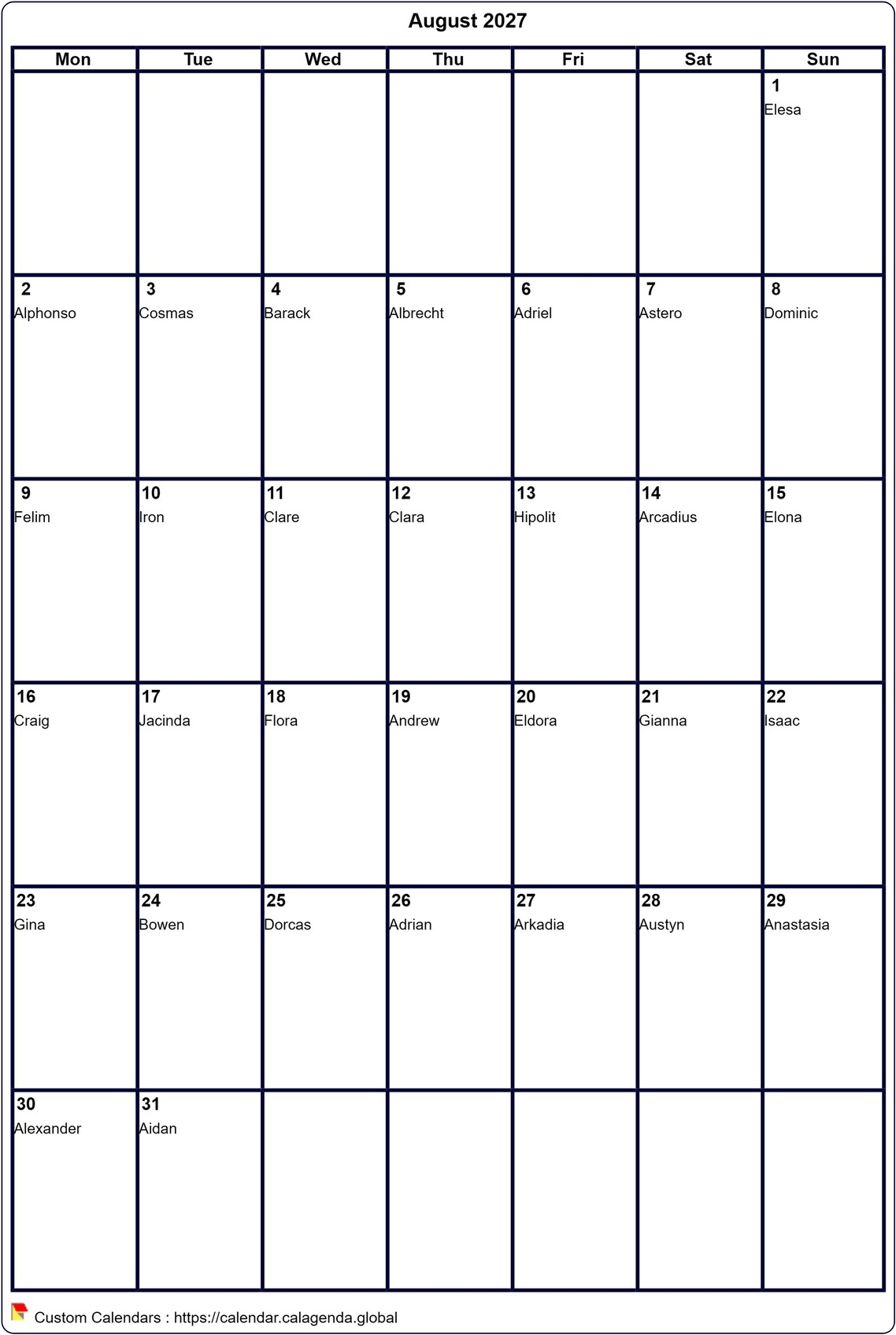 Calendar monthly 2027 to print virgin, format portrait