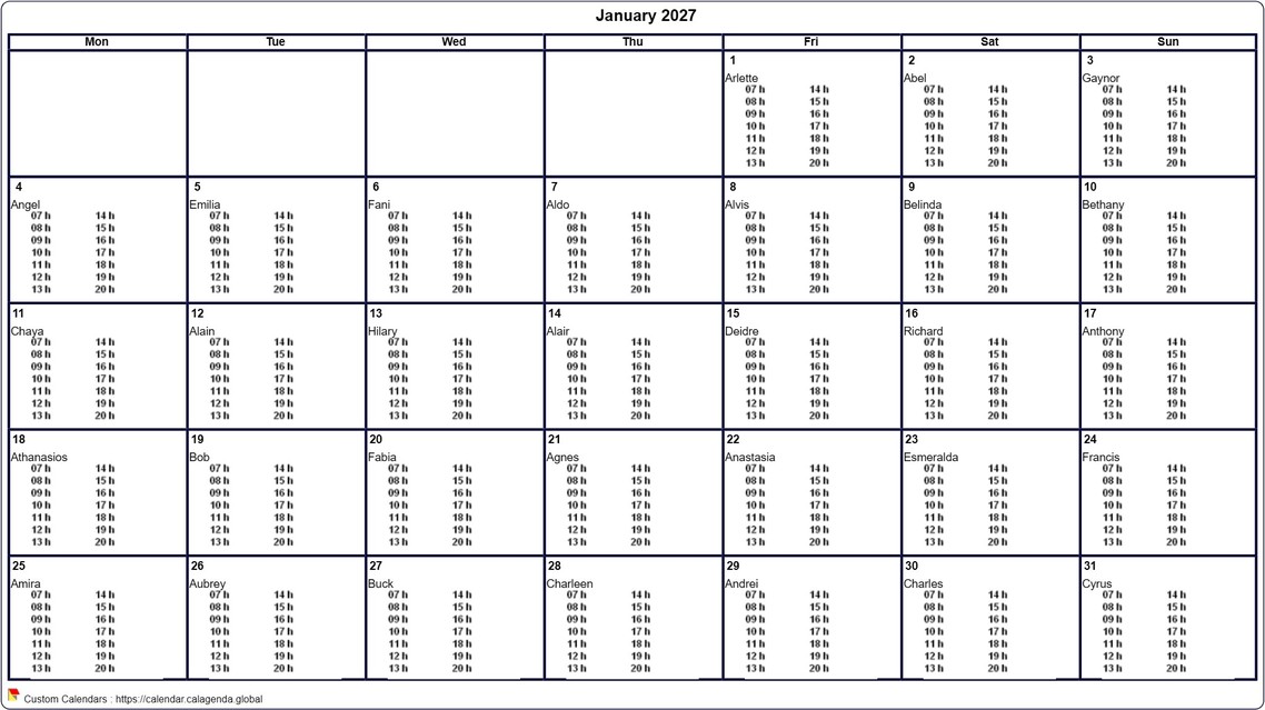 Calendar monthly 2027 to print virgin, with timetables in every box