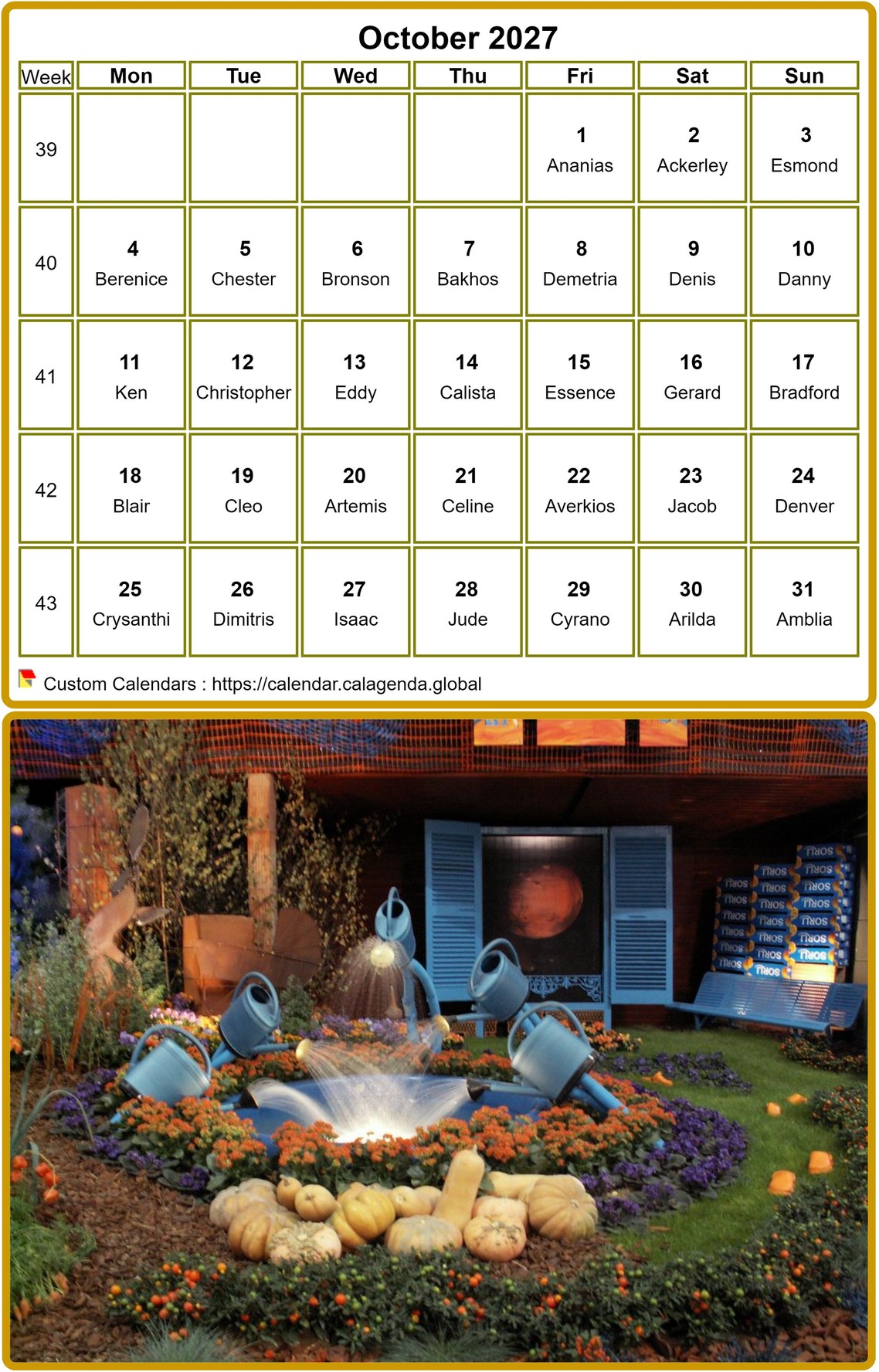 Calendar monthly 2027 to print, with photograph in underside