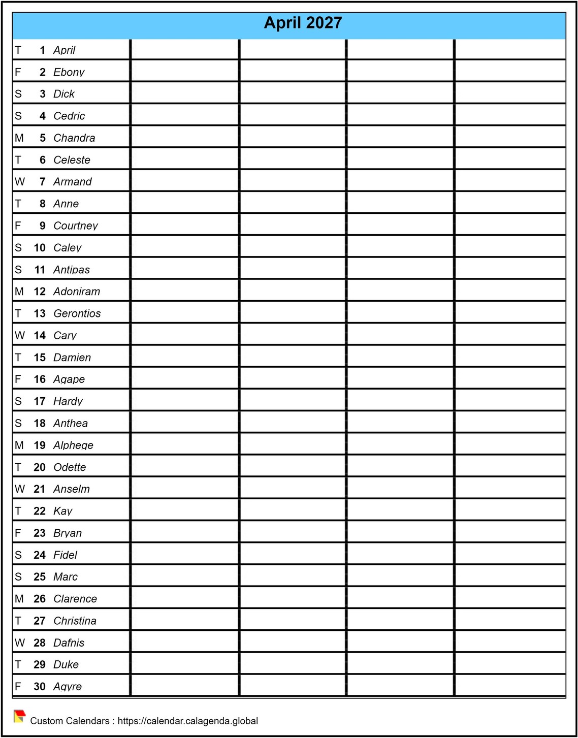 Calendar planning monthly 2027 virgin, format portrait