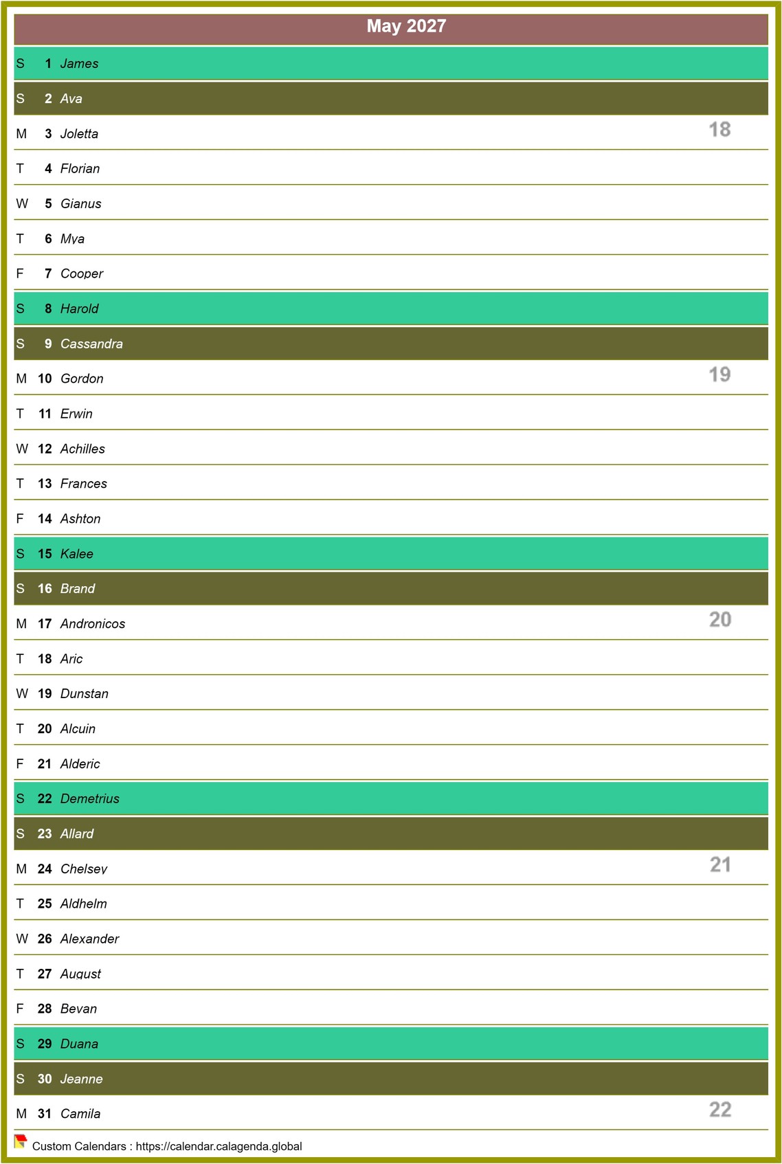 Calendar monthly 2027 in column