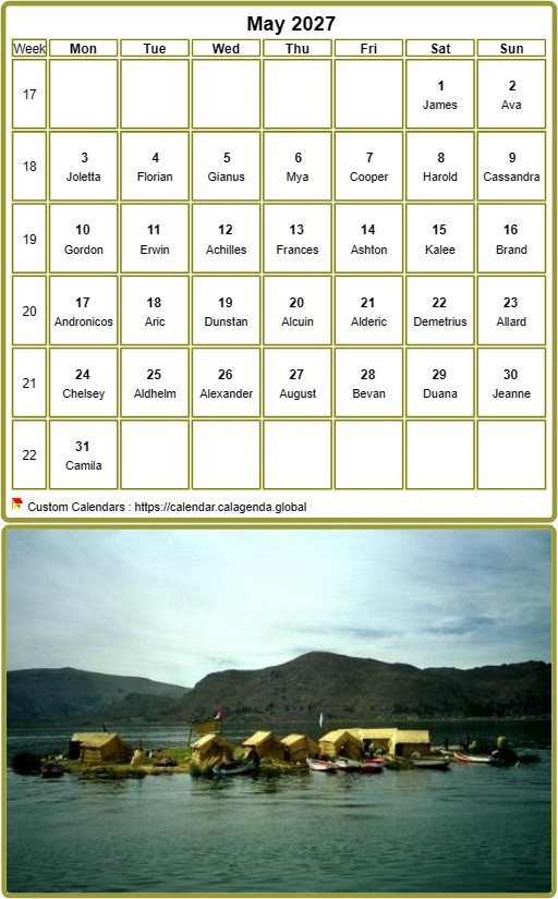 Calendar monthly 2027, table with photo