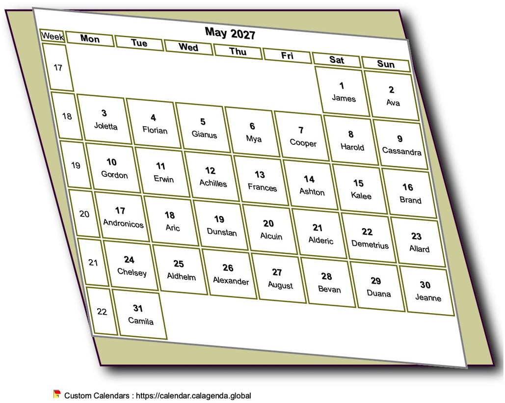 Calendar monthly 2027 to print, style 3D