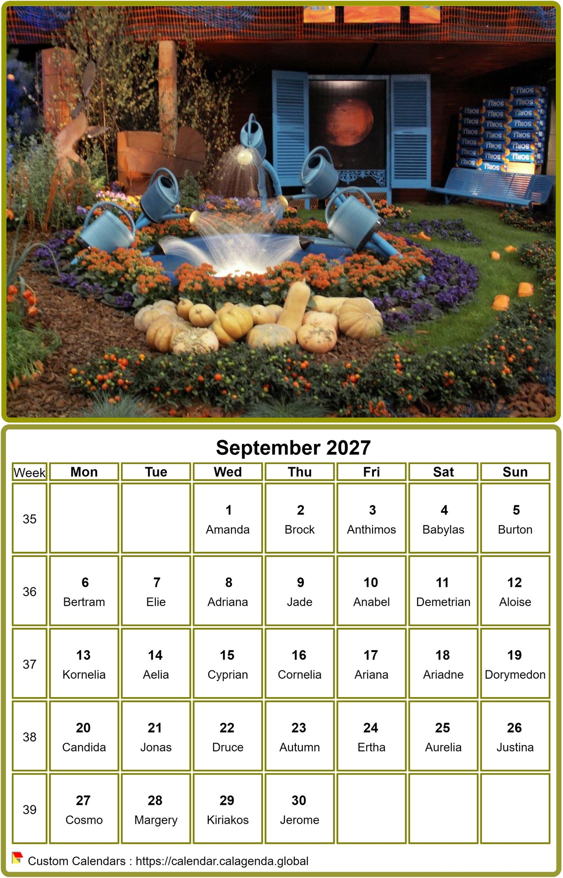 Calendar 2027 to print, monthly, with photo at the top