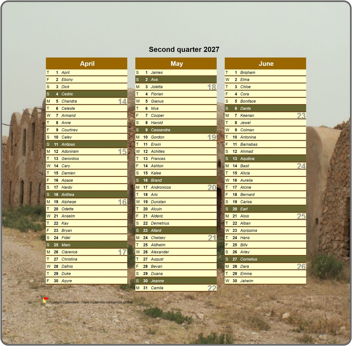 Calendar 2027 quarterly decorative with photo, format portrait, a column a month