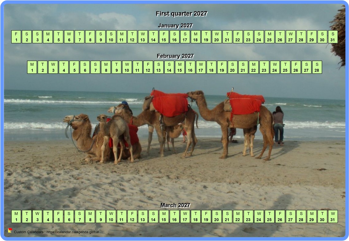 Calendar 2027 quarterly horizontal with a photo in calendar background