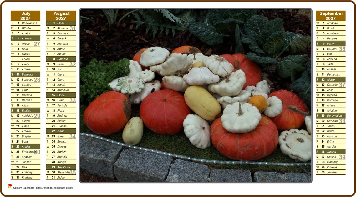 Calendar 2027 quarterly in columns with photo inside