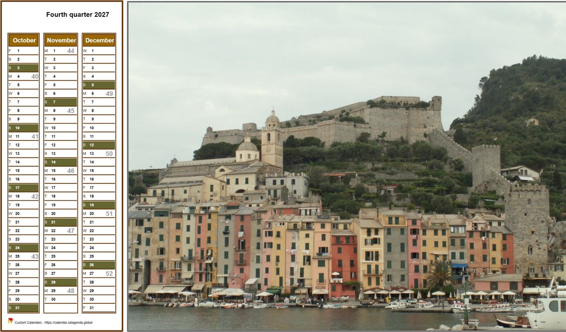 Calendar 2027 to print quarterly, format landscape, a column a month, to the left of a photo