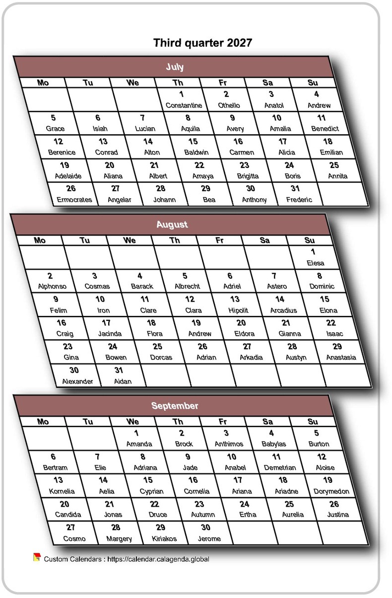 Calendar 2027 quarterly 3D
