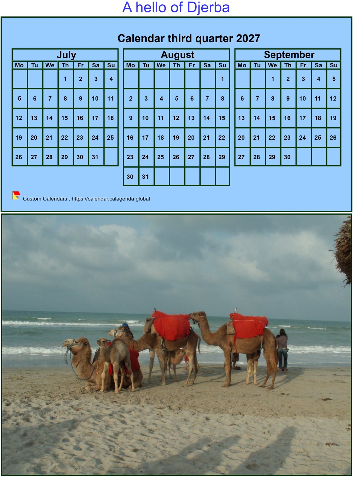 Calendar 2027 to print quarterly, tiny format, blue background, with photo