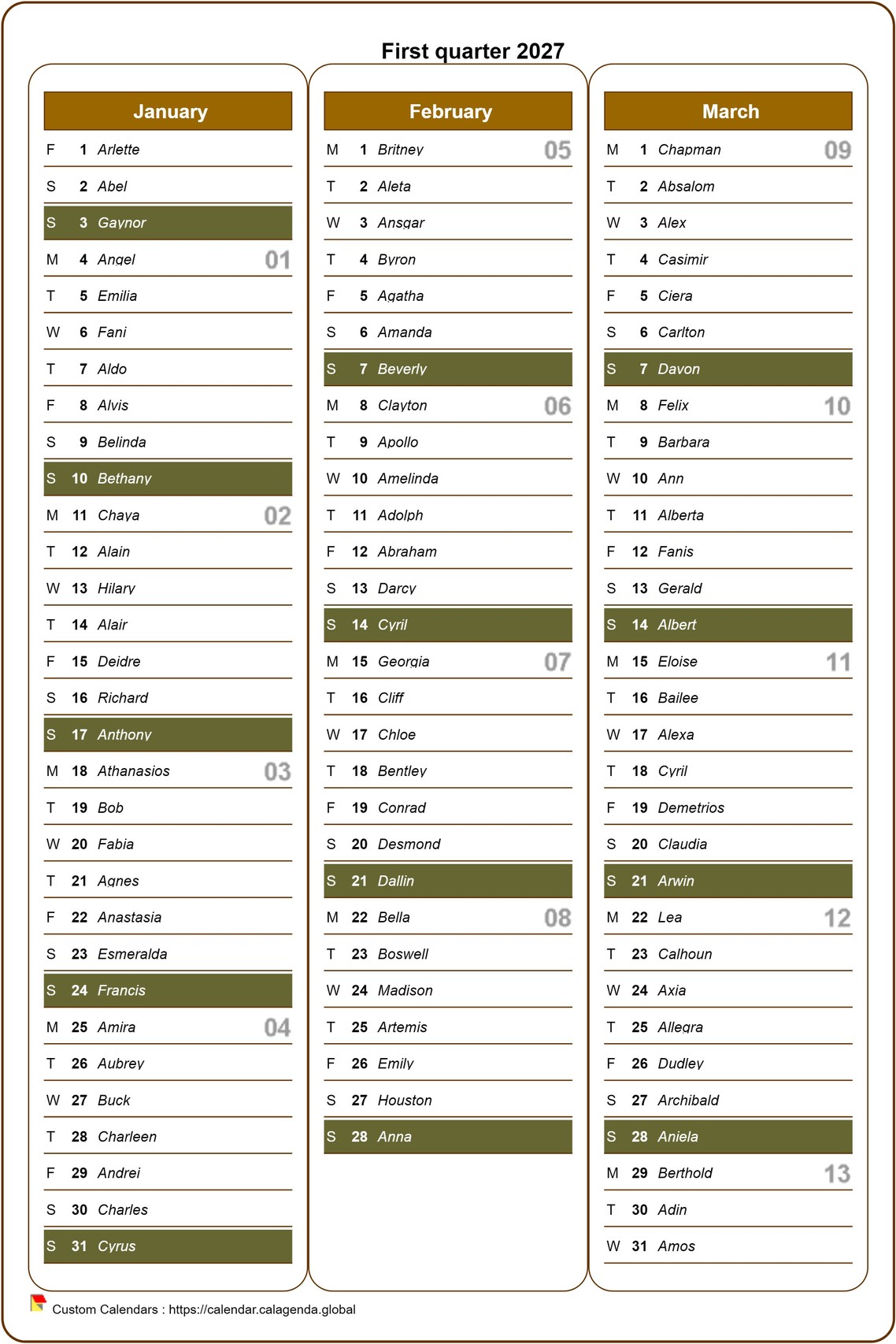 Calendar 2027 quarterly with detailed agenda, format portrait, a column a month