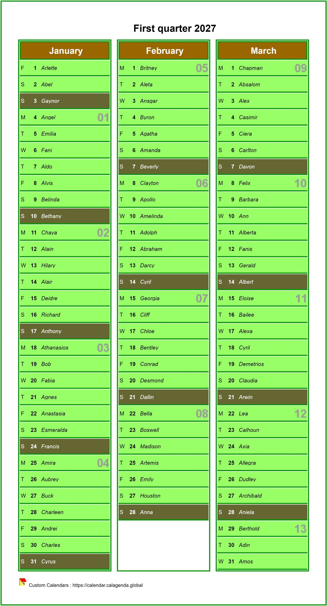 Calendar 2027 failing the calendar civil quarterly agenda, a column a month
