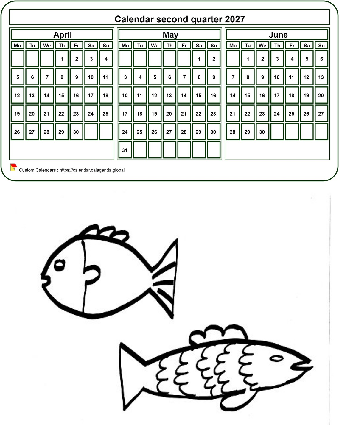 Calendar 2027 to color quarterly, format portrait, for children