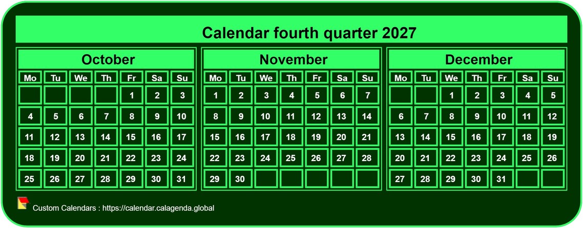 Calendar 2027 to print quarterly, tiny pocket format, green background