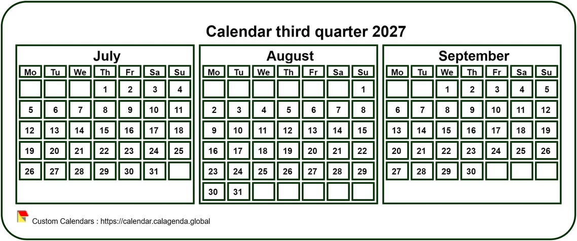 Calendar 2027 to print quarterly, tiny pocket format, white background