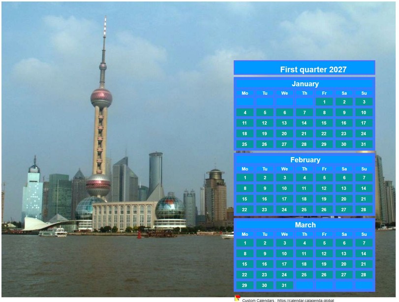 Calendar 2027 to print quarterly, format landscape, above the right part of a photo (Shangaï).