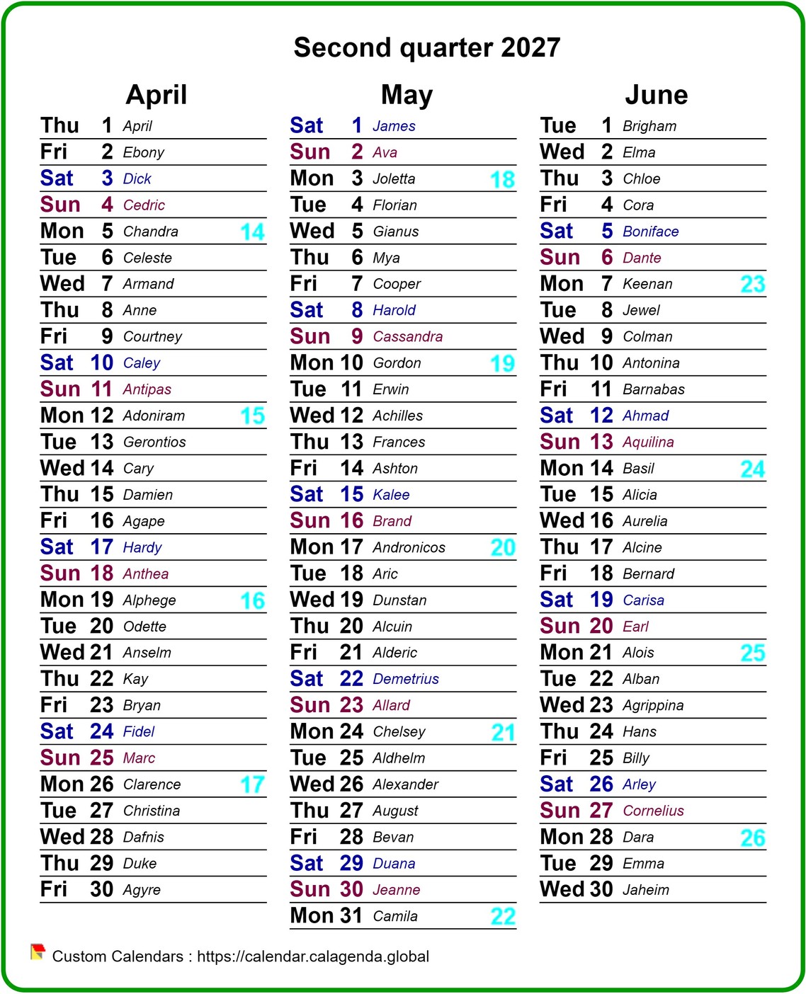Agenda 2027 quarterly with different colors of the text for Saturday and the Sunday