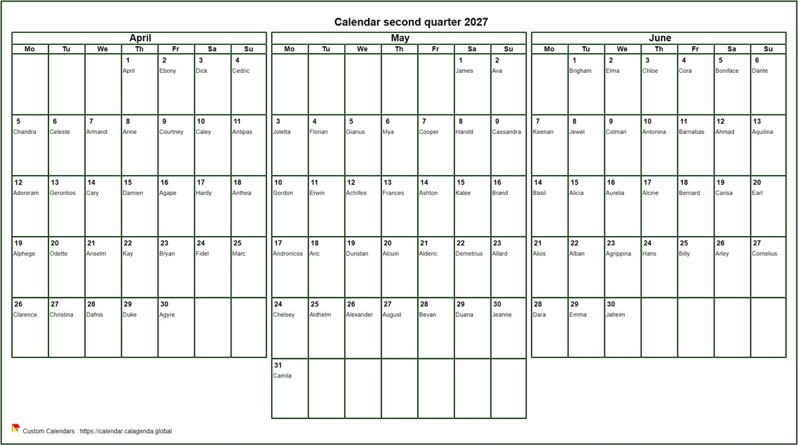 Calendar 2027 to print quarterly, format landscape