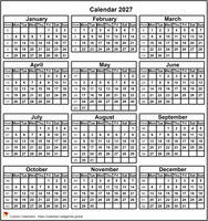 2027 calendar to print, mini format 3x4