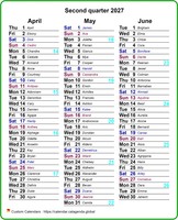 2027 quarterly style calendar in columns